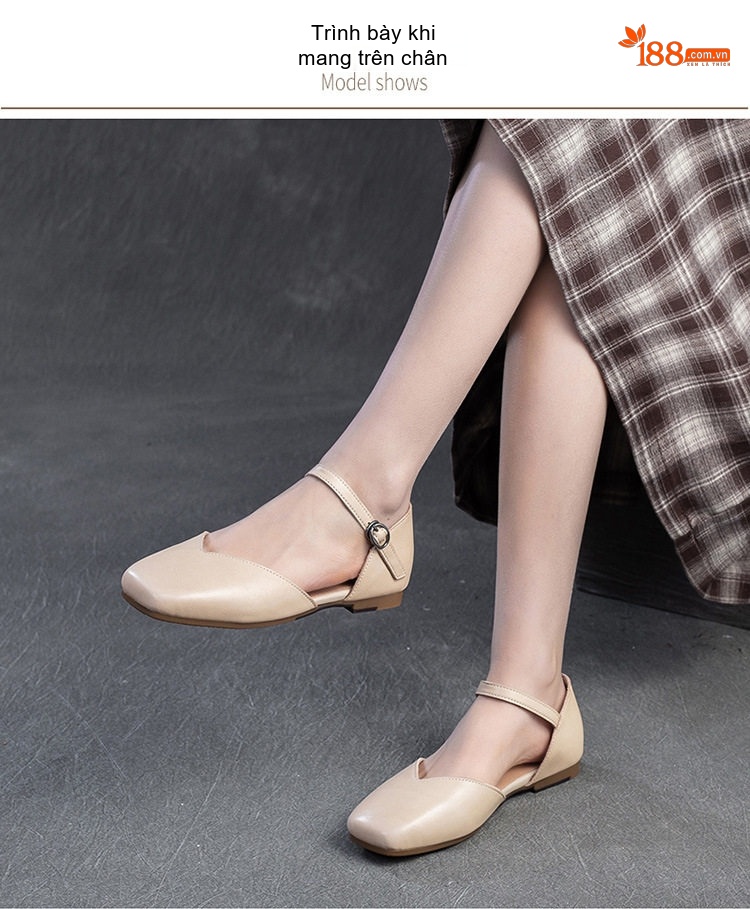 Dép Sandal Nữ Bít Mũi Da Bò Quai Ngang Khóa Cài Đế Cao 3cm - 4cm Màu Kem, Nâu chi tiết 7