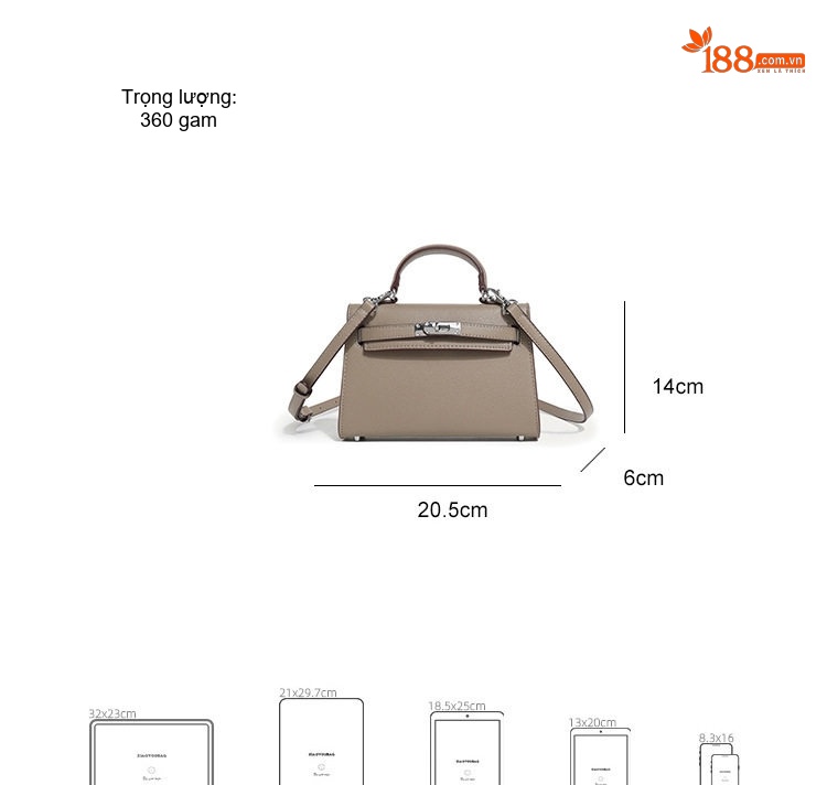 Túi Xách Nữ Kelly Mini Da Bóng Đeo Vai, Đeo Chéo Thời Trang Màu Kem, Trắng chi tiết 4