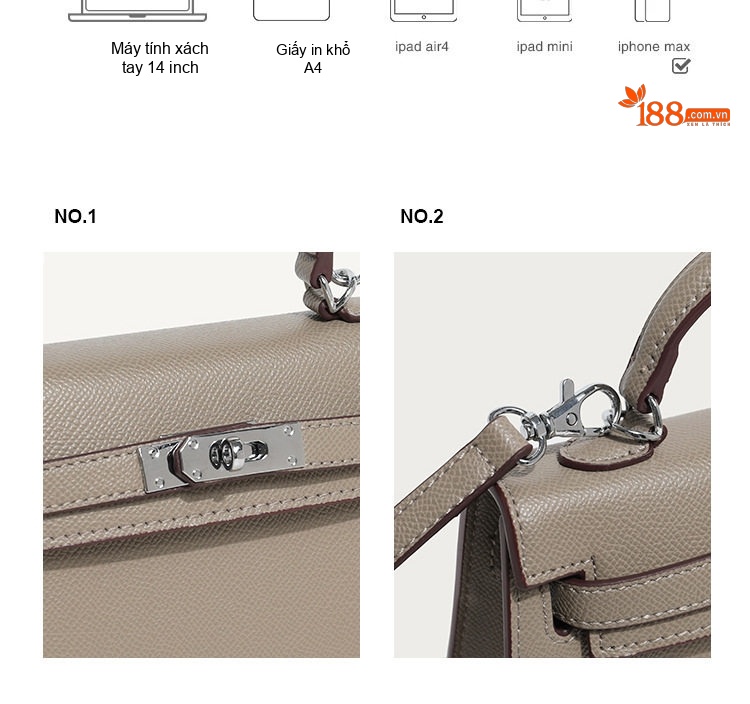 Túi Xách Nữ Kelly Mini Da Bóng Đeo Vai, Đeo Chéo Thời Trang Màu Kem, Trắng chi tiết 5