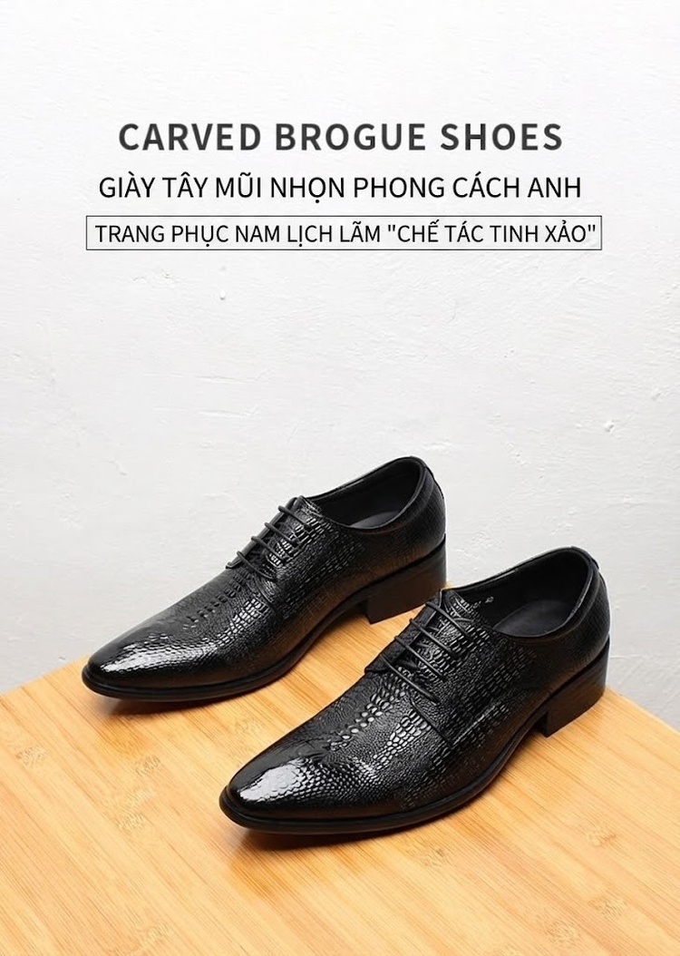 Giày Tây Buộc Dây Nam Da Bò Dập Vân Cá Sấu Chiều Cao Đế Khoảng 3cm Màu Đen, Nâu chi tiết 1