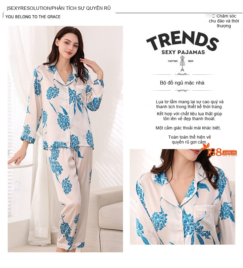 Bộ Đồ Ngủ Nữ Lụa Tơ Tằm 100% Dài Tay In Hoa Mùa Xuân Thu chi tiết 2