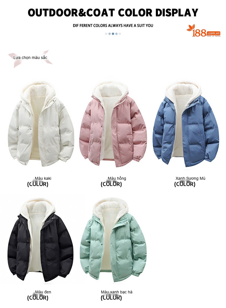 Áo Khoác Cotton Nam Lông Cừu Non Hai Lớp Dày Dặn Có Mũ Trùm Đầu Màu Trắng, Xanh Dương, Xanh Lá, Hồng... chi tiết 5