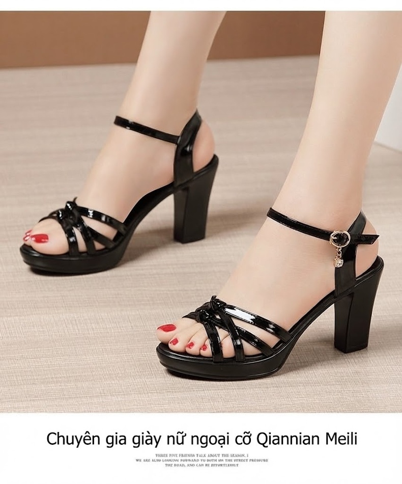 Giày Sandal Cao Gót Nữ Hở Ngón Quai Ngang Da Bóng Gót Cao 8cm Màu Đen, Đỏ, Trắng chi tiết 12