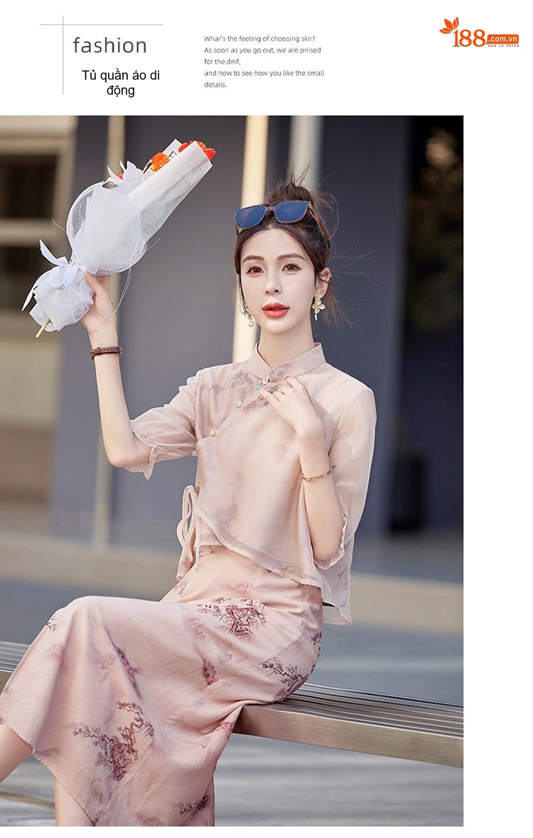 Set Áo Kiểu Cổ Tàu Tay Lỡ và Chân Váy Dài Xẻ Tà Họa Tiết Phong Cách Trung Hoa Màu Kem chi tiết 17