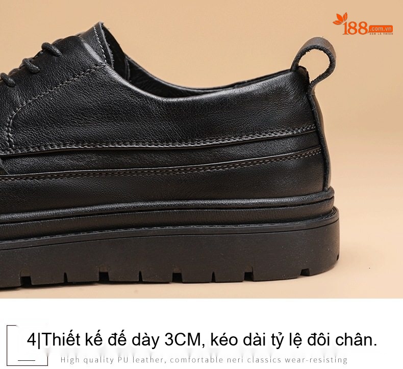 Giày Tây Buộc Dây Nam Da Bò Êm Ái Chiều Cao Đế Khoảng 3.5cm Màu Đen chi tiết 4