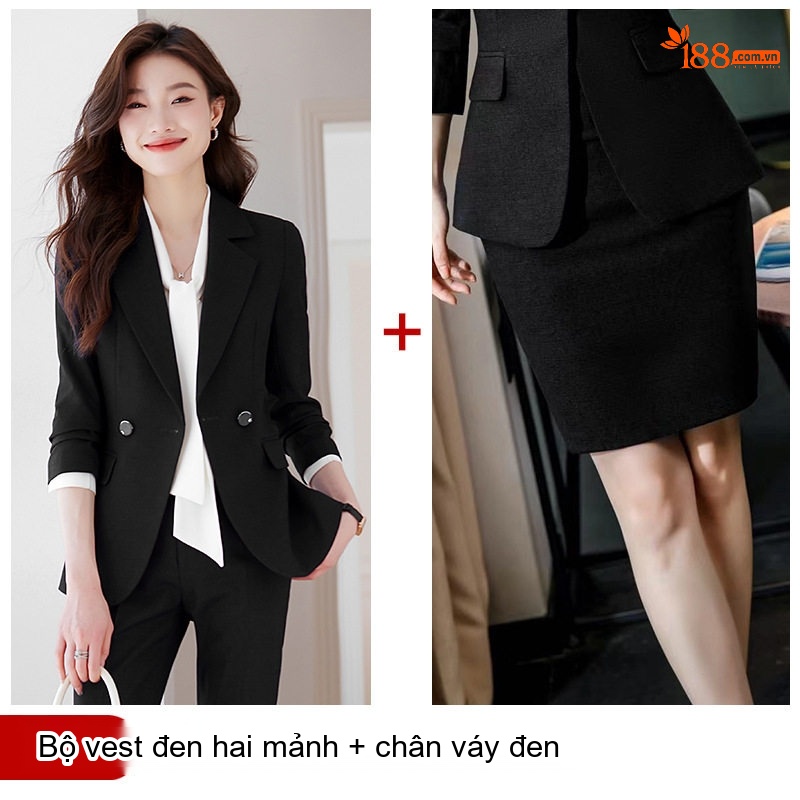 Bộ Vest Nữ Công Sở Quần Áo Dài Tay Phong Cách Hàn Quốc Màu Đen, Xanh Navy