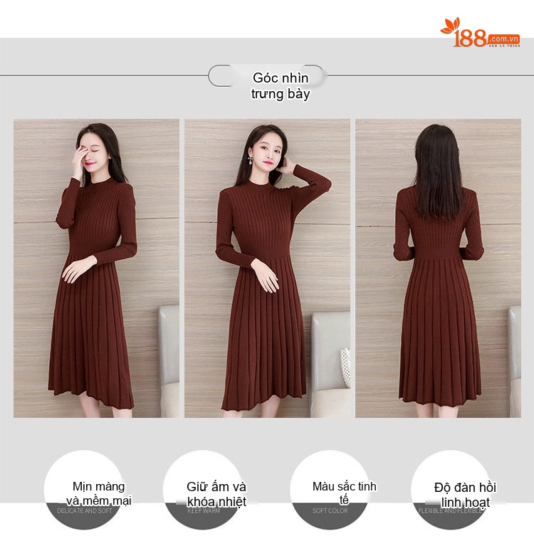 Váy liền thân Nữ Dệt Kim Cổ Lọ Tay Dài Dáng Xòe Màu Đen, Đỏ, Nâu, Trắng chi tiết 3