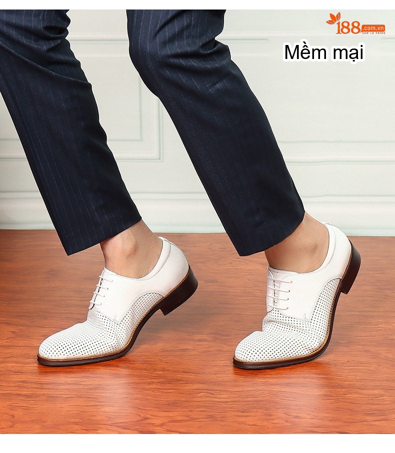 Giày Tây Buộc Dây Nam Da Bò Lỗ Thoáng Chiều Cao Đế Khoảng 3cm Màu Trắng chi tiết 8