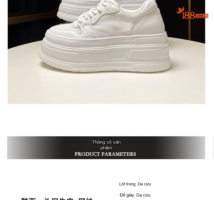Giày Sneaker Nữ Da Bò Lớp Đầu Vải Lưới Chiều Cao Đế 7cm Màu Trắng chi tiết 2