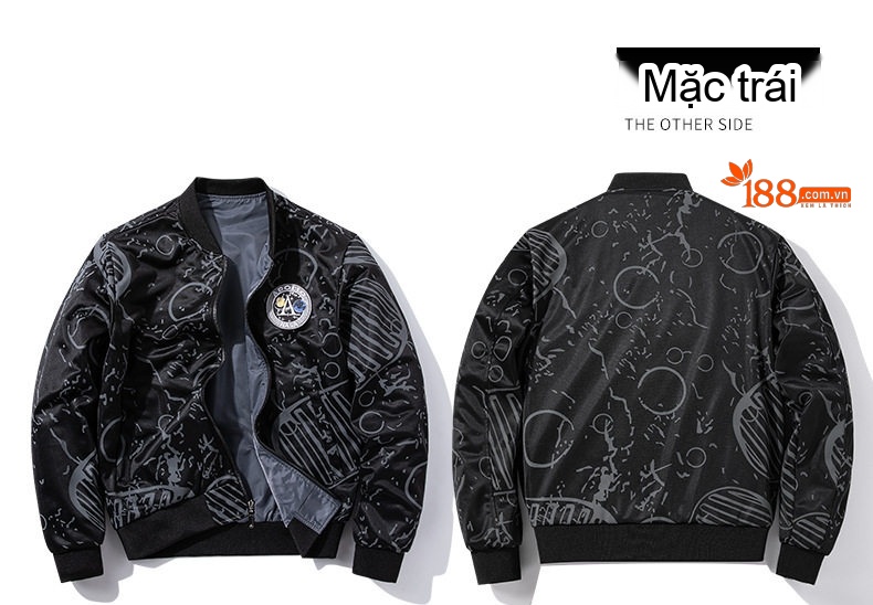 Áo Khoác Bomber Nam Nữ Dáng Rộng Hai Mặt Mặc Thu Đông Phong Cách Phi Công NASA Màu Xám, Xanh Navy, Xanh Lá, Đen... chi tiết 9