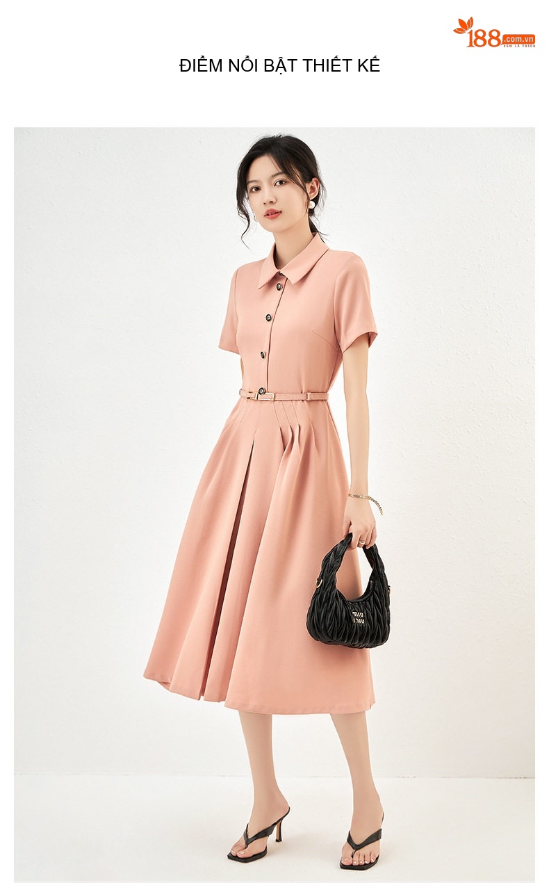 Váy Polo Nữ Tay Ngắn Dáng Xòe Thắt Eo Phong Cách Tiểu Thư Màu Hồng, Đen chi tiết 6