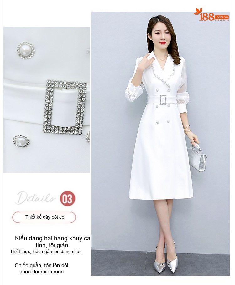 Váy liền thân Nữ Thu Đông dáng chữ A Cổ Bẻ Tay Lỡ Chiết Eo Qua Gối Phong Cách Quý Cô Màu Trắng, Đen chi tiết 7