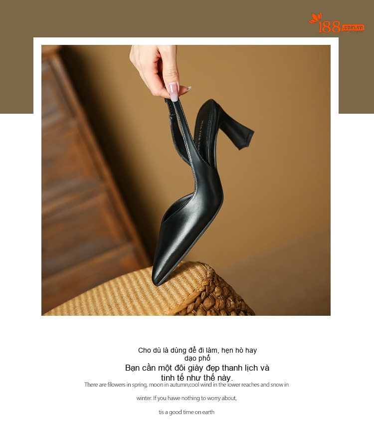 Giày Sandal Cao Gót Nữ Hở Gót Mũi Nhọn Gót Vuông Da Bóng Gót Cao 7cm - 8cm Màu Đen, Trắng, Kem chi tiết 2