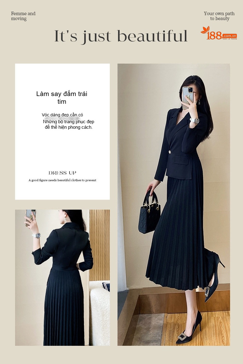 Váy Đầm Vest Công Sở Nữ Dáng Dài Xòe Ly Phong Cách Hàn Quốc Màu Đen chi tiết 5