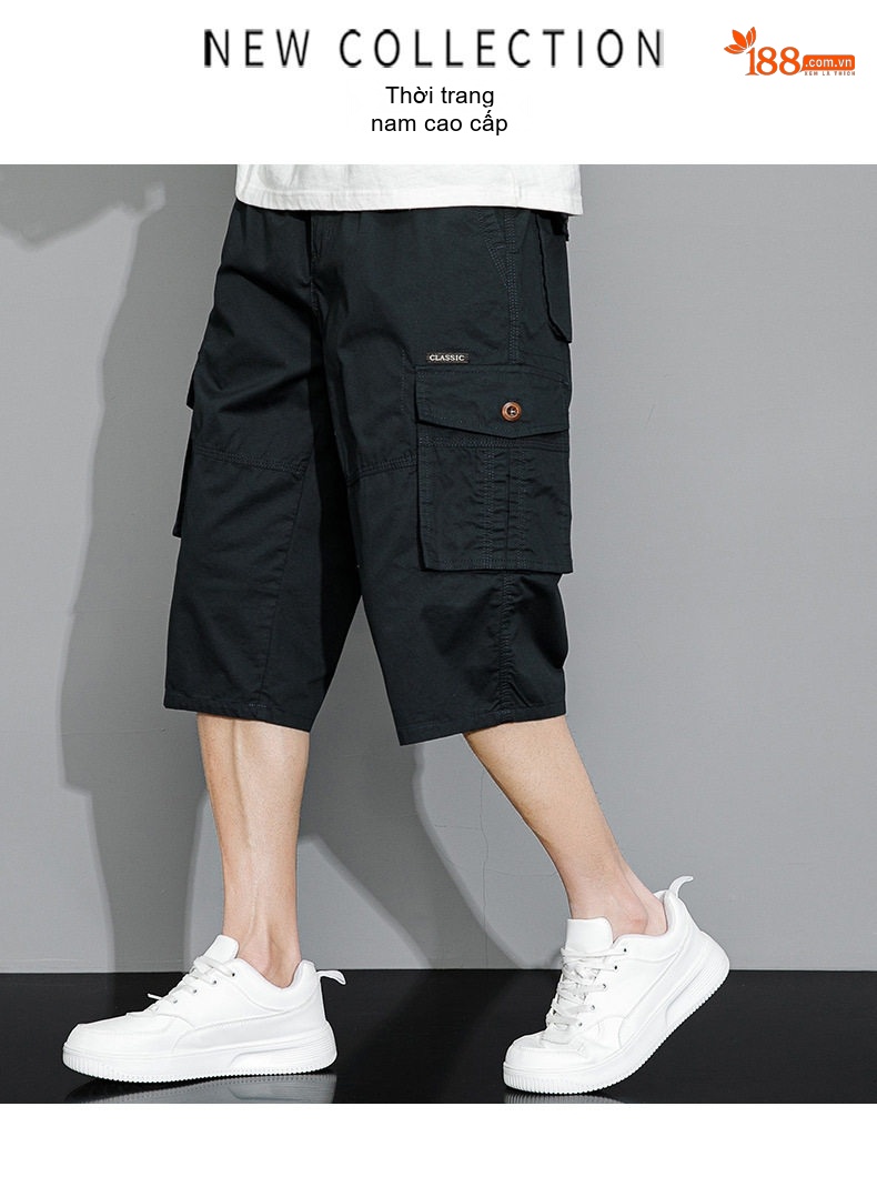 Quần Ngố Nam Cotton 100% Ống Lửng Túi Hộp Dáng Rộng Màu Xám, Xanh Rêu, Đen, Be chi tiết 1