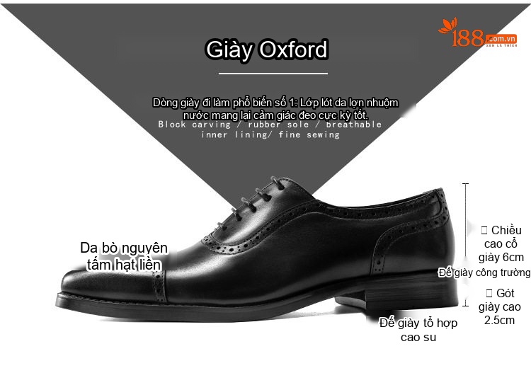 Giày Tây Oxford Buộc Dây Nam Da Bóng Chiều Cao Đế Khoảng 3cm Màu Đen, Nâu chi tiết 2