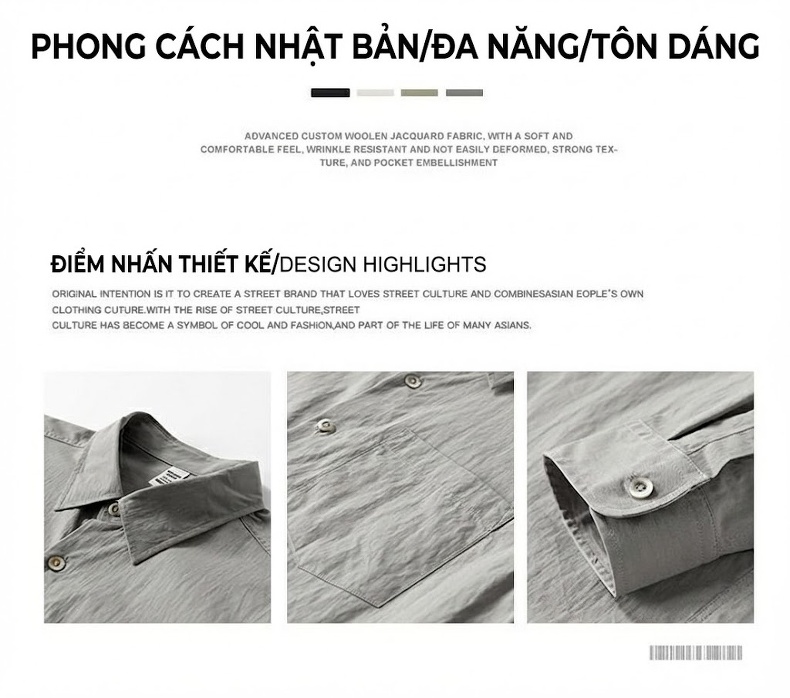 Áo Sơ Mi Nam Dáng Rộng Phong Cách Hàn Quốc Tay Dài Màu Xám, Trắng, Xanh Olive, Đen chi tiết 4