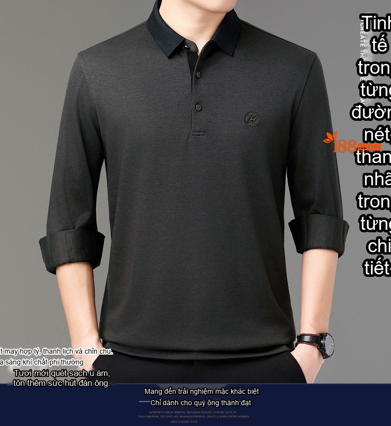 Áo Thun Polo Nam Tay Dài Cashmere Cổ Bẻ Phong Cách Doanh Nhân Màu Đen, Xám, Xanh Navy chi tiết 1
