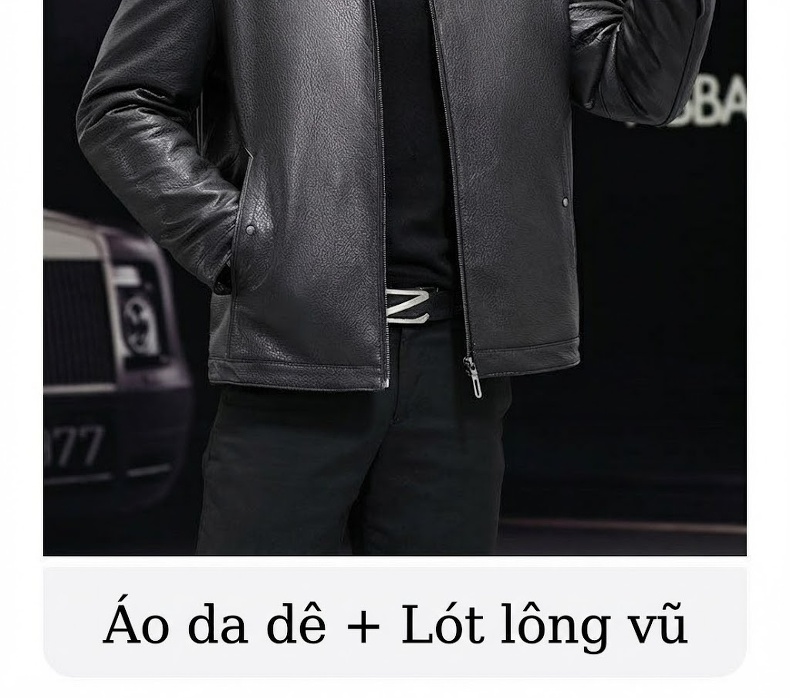 Áo Khoác Da Thật Da Dê Nam Lót Lông Vũ Cổ Lông Chồn Màu Đen chi tiết 2