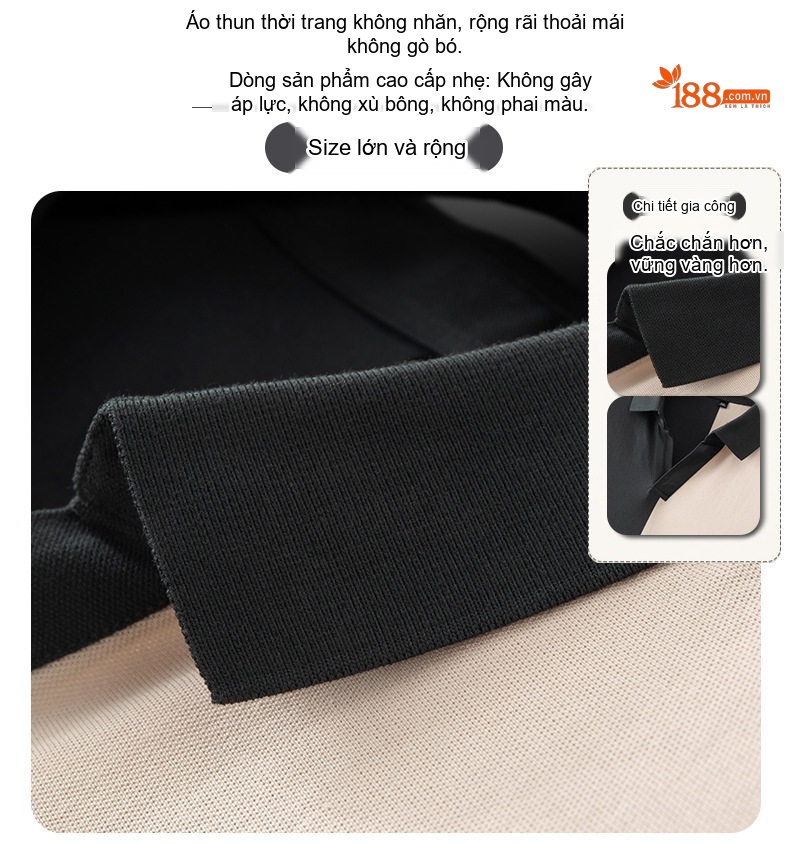 Áo Thun Cổ Bẻ Tay Ngắn Nam Dáng Rộng Màu Đen, Kem, Trắng, Nâu chi tiết 5