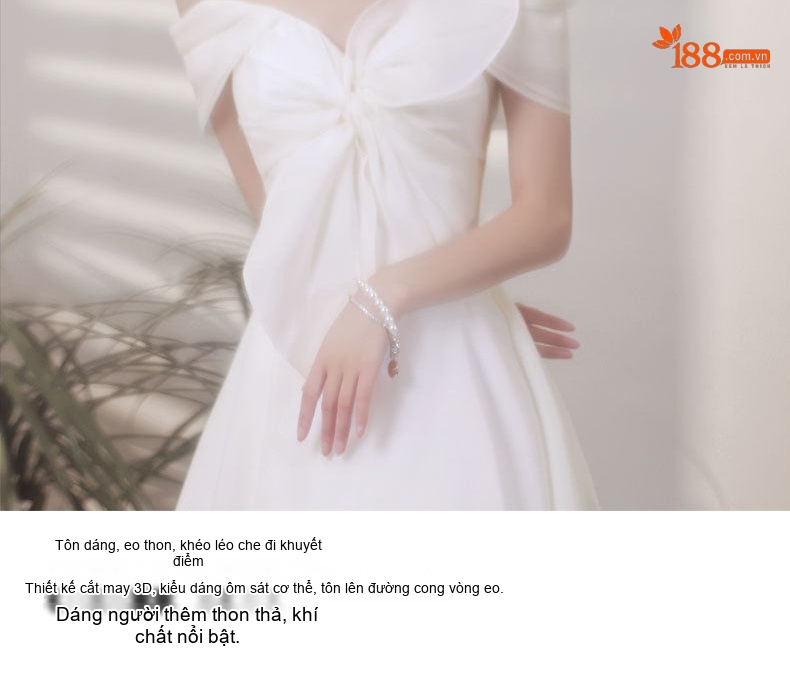 Váy Cưới Nữ Phong Cách Pháp, Hở Vai, Thích Hợp Chụp Ảnh Cưới, Tiệc Tối Màu Trắng chi tiết 5