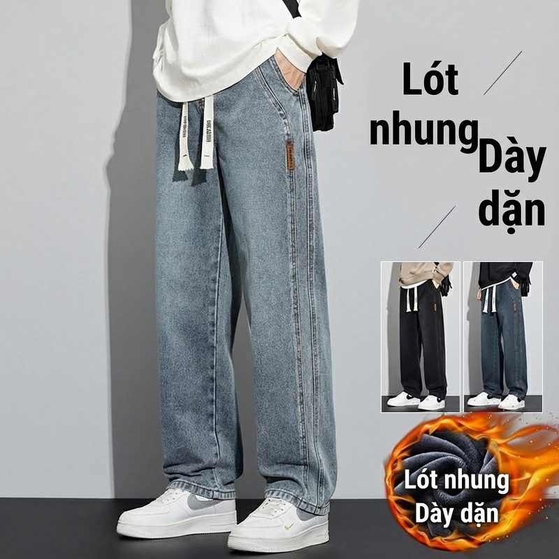 Quần Jean Nam Dáng Suông Ống Đứng Lót Lông Cừu Dày Dặn Co Giãn Màu Xanh, Xám chi tiết 16