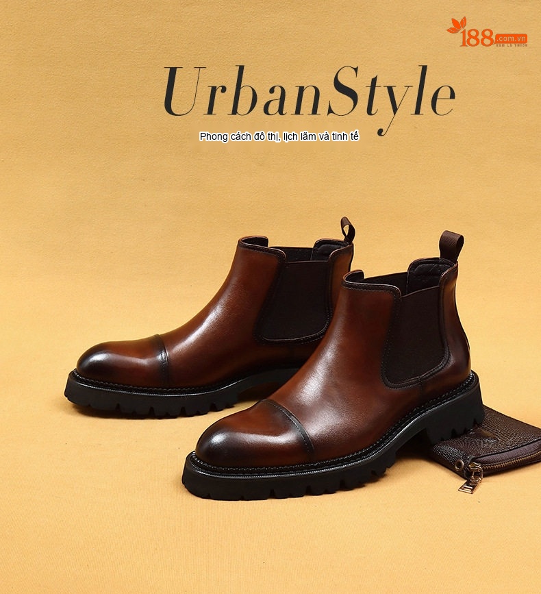 Boot Chelsea Nam Da Bò Cao Cổ Mũi Nhọn Chiều Cao Đế Khoảng 4cm Màu Đen, Nâu chi tiết 1