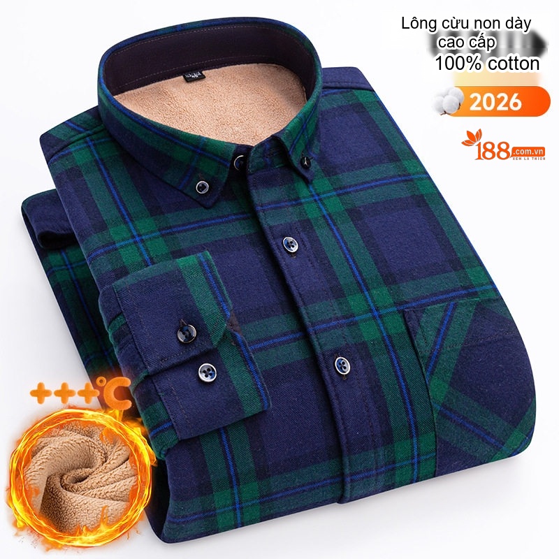 Áo Sơ Mi Nam Ca Rô Lông Cừu Non Cotton Dày Dặn Giữ Ấm Màu Đen, Đỏ, Xanh Dương, Xanh Lá...