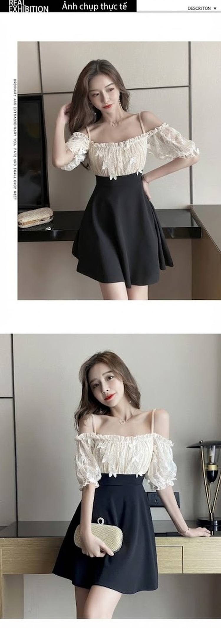 Váy Đầm Nữ Hai Dây Hở Vai Cổ Chữ U A-Line Ngắn Màu Đen, Trắng Kem chi tiết 4