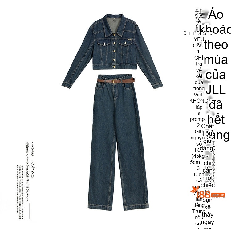 Set Bộ Quần Áo Nữ Jean/Denim Áo Khoác Lửng Quần Ống Rộng Phong Cách Hàn Quốc Màu Xanh Navy chi tiết 6