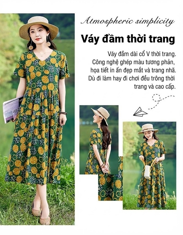 Váy liền thân Nữ Cổ chữ V In Họa Tiết Thiết Kế Thanh Lịch Thoáng Mát Màu Đỏ, Xanh Lá chi tiết 2