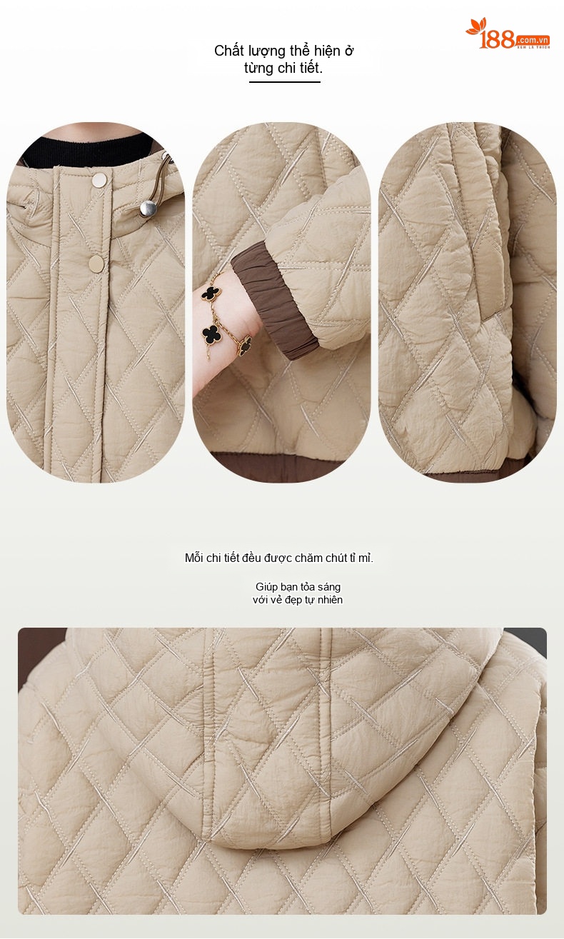 Áo Khoác Phao Nữ Trám Ô Nhỏ Dáng Ngắn Có Mũ Trùm Cotton Màu Be chi tiết 6