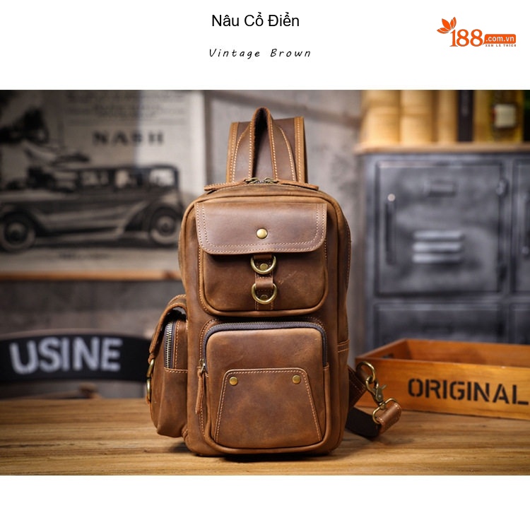 Túi Đeo Ngực Nam Da Bò Dáng Đứng Đeo Chéo Vai Phong Cách Âu Mỹ - Nâu chi tiết 23