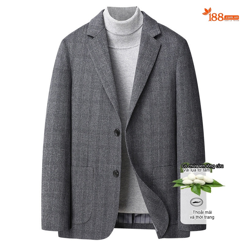 Áo Vest Nam Cashmere Lụa Tằm, Áo Khoác Blazer Kẻ Sọc Thu Đông Phong Cách Casual Màu Xám
