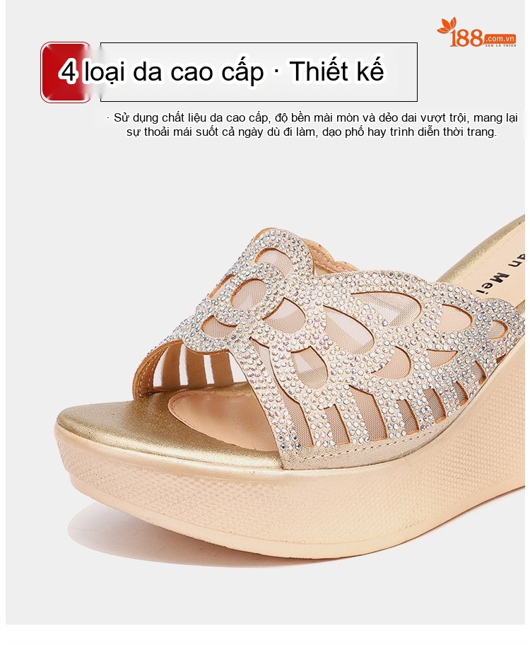 Dép Lê Nữ Đế Xuồng Quai Trong Suốt Đính Đá Chiều Cao Đế Khoảng 6cm Màu Bạc, Đen chi tiết 6