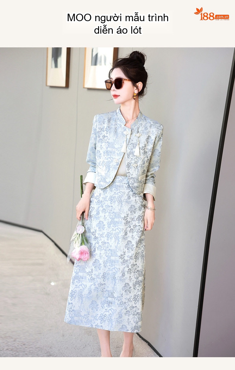 Set Áo Khoác Lửng và Chân Váy Midi Nữ Phong Cách Tân Cổ Điển Họa Tiết Màu Xanh, Hồng, Kem chi tiết 13