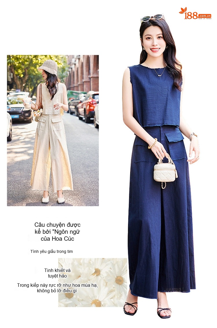 Bộ Quần Áo Nữ Cotton Linen Ống Rộng Áo Không Tay Phong Cách Thanh Lịch Màu Be, Xanh Navy chi tiết 2