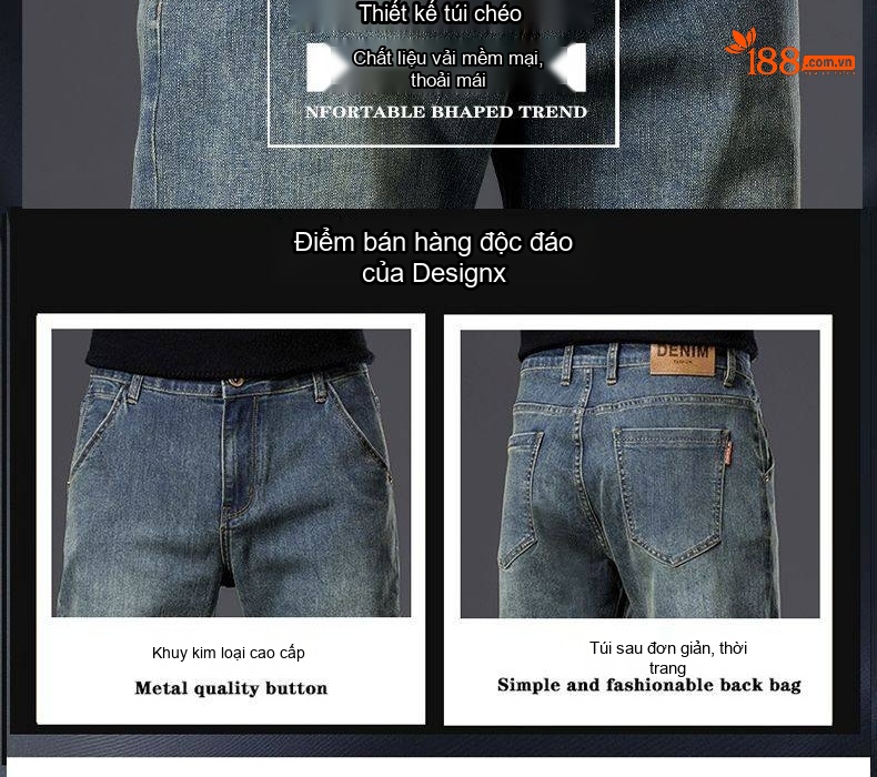 Quần Jean Nam Ống Suông Cotton Co Giãn Màu Xanh Vintage chi tiết 7