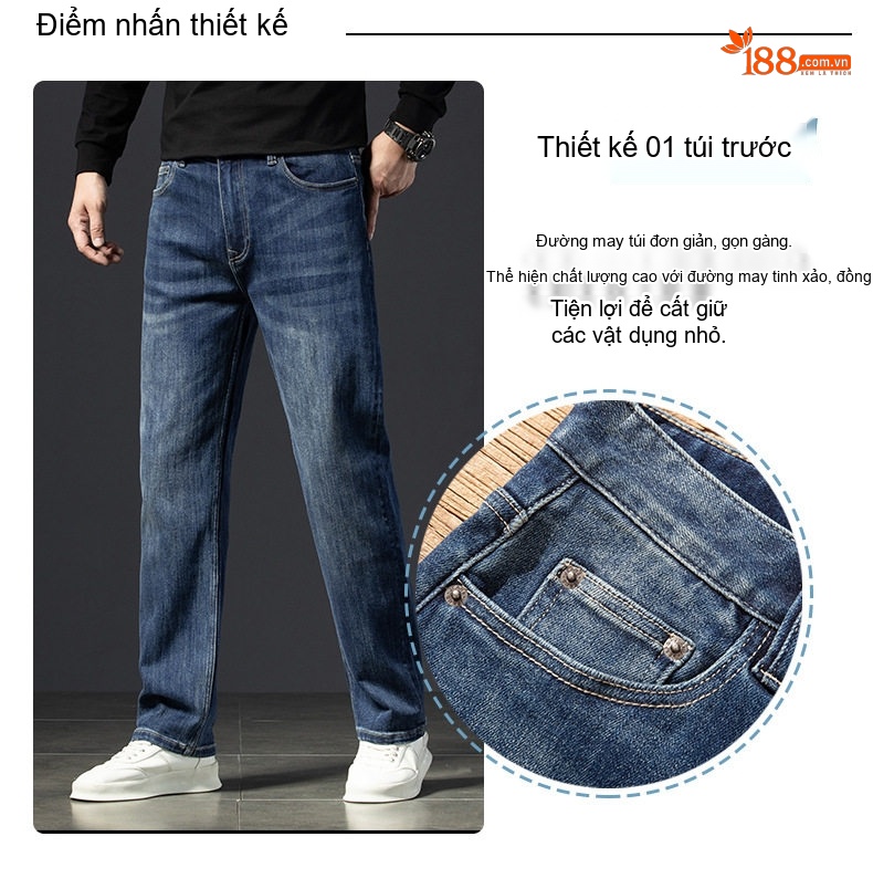 Quần Jean Nam Cotton Co Giãn Dáng Suông Rộng Phong Cách Doanh Nhân Màu Xanh chi tiết 6