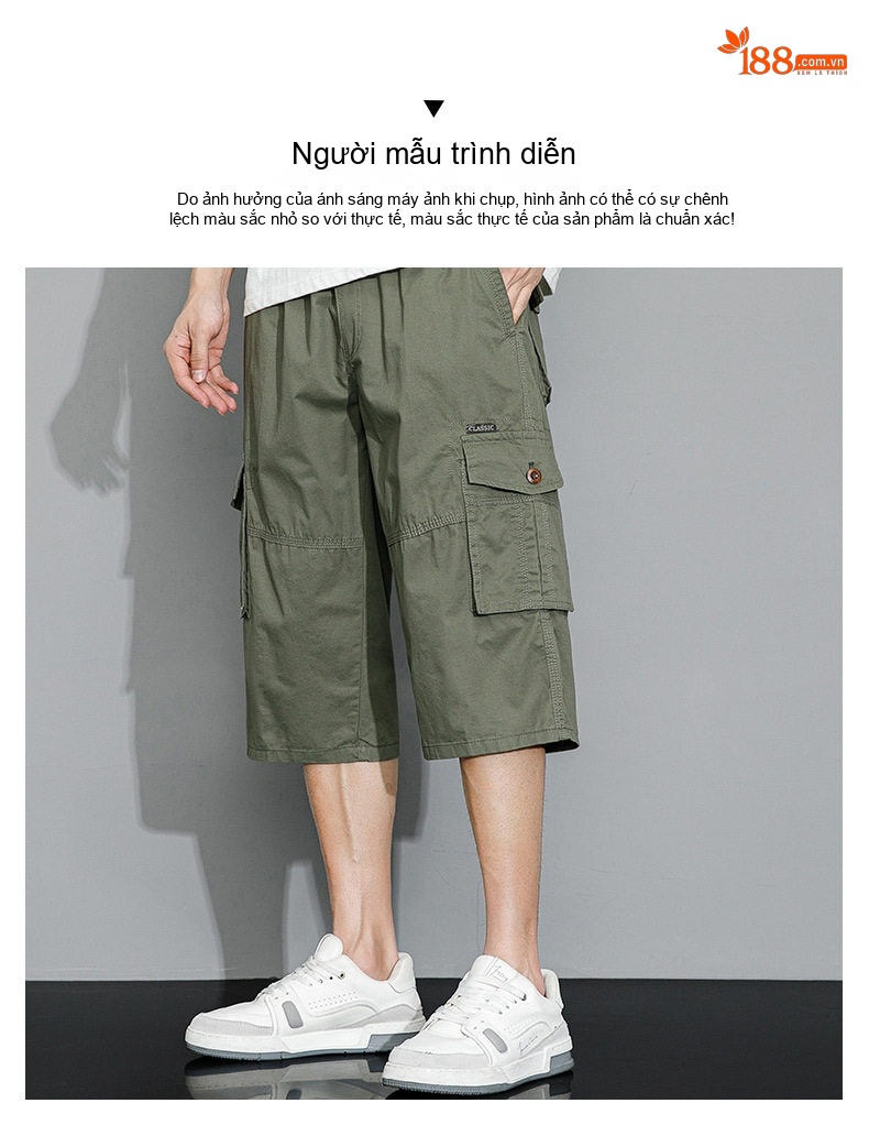 Quần Ngố Nam Cotton 100% Ống Lửng Túi Hộp Dáng Rộng Màu Xám, Xanh Rêu, Đen, Be chi tiết 4