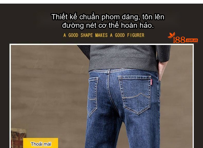 Quần Jean Nam Dáng Ôm Vừa, Ống Đứng, Co Giãn, Phong Cách Lịch Lãm Màu Xanh Denim chi tiết 5