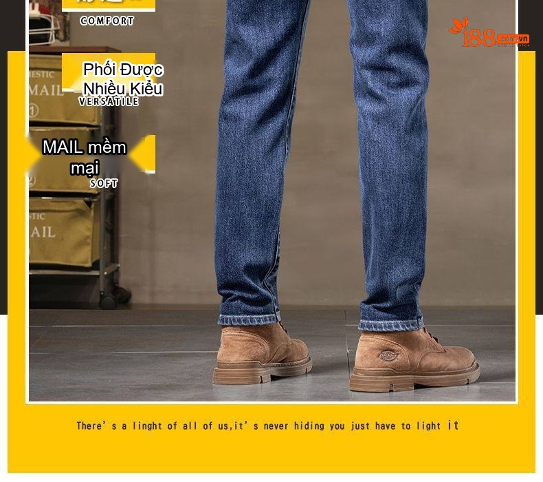 Quần Jean Nam Dáng Ôm Vừa, Ống Đứng, Co Giãn, Phong Cách Lịch Lãm Màu Xanh Denim chi tiết 6