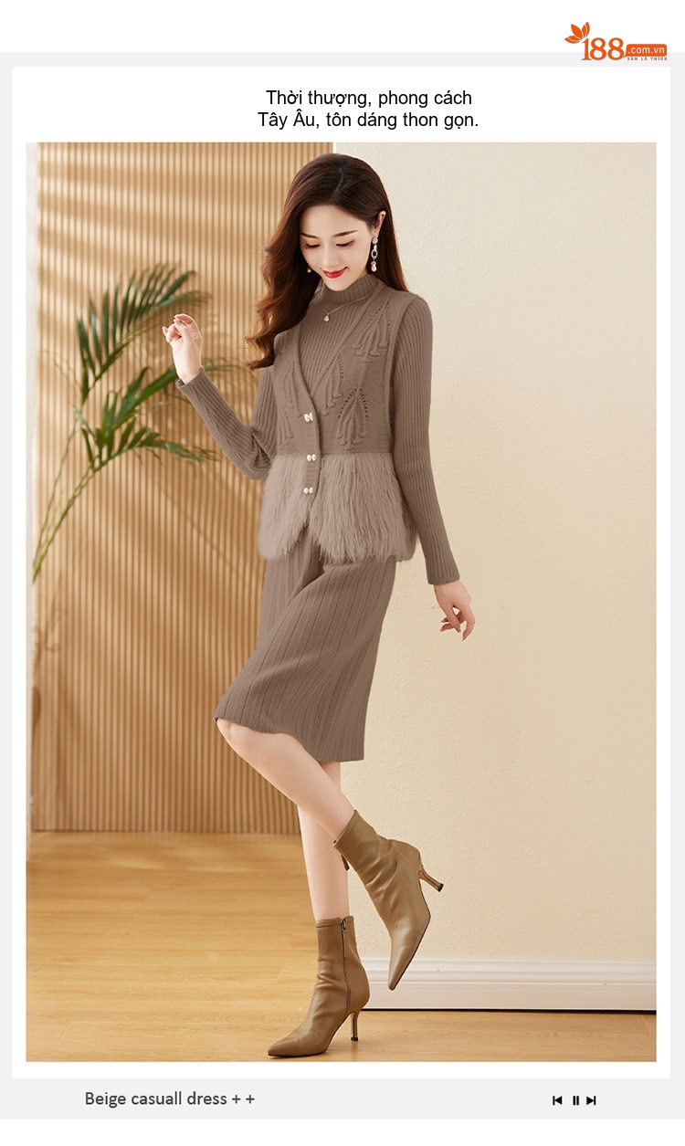 Set Áo Gile Lông Cừu Non Cổ chữ V Đính Cúc và Đầm Dệt Kim Liền Thân Nữ Màu Be, Xám, Nâu, Đỏ... chi tiết 3