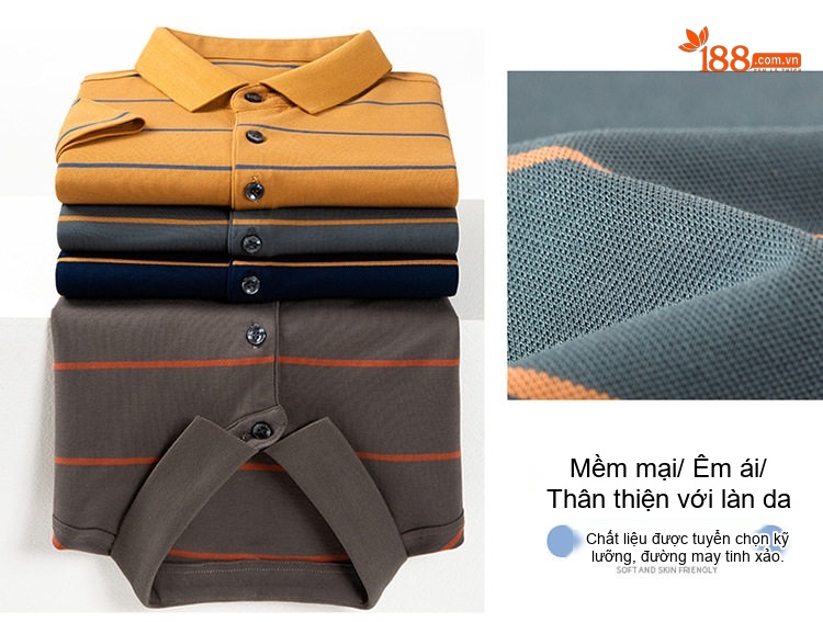 Áo Thun Polo Nam Cotton Kẻ Sọc Cổ Bẻ Chống Nhăn Màu Xám, Xanh, Navy chi tiết 8