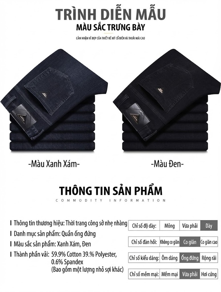 Quần Jeans Nam Ống Đứng Dáng Ôm Vừa Co Giãn Nhẹ Phong Cách Trung Niên Màu Đen chi tiết 8