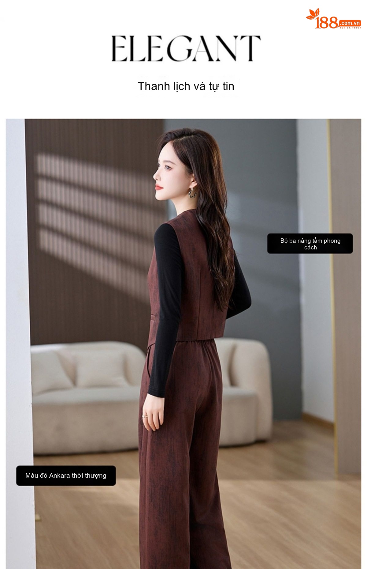 Set Bộ Vest Nữ Áo Gile Quần Ống Rộng Phong Cách Thời Trang Màu Nâu Đỏ chi tiết 12