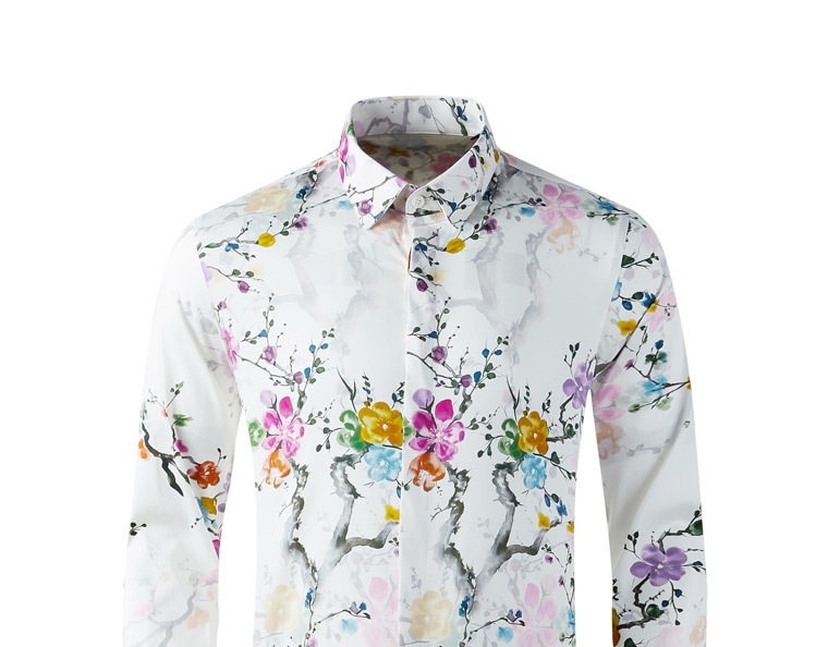 Áo Sơ Mi Nam Cotton In Hoa Văn Phong Cách Trung Quốc Tay Dài Màu Trắng, Vàng, Tím chi tiết 1