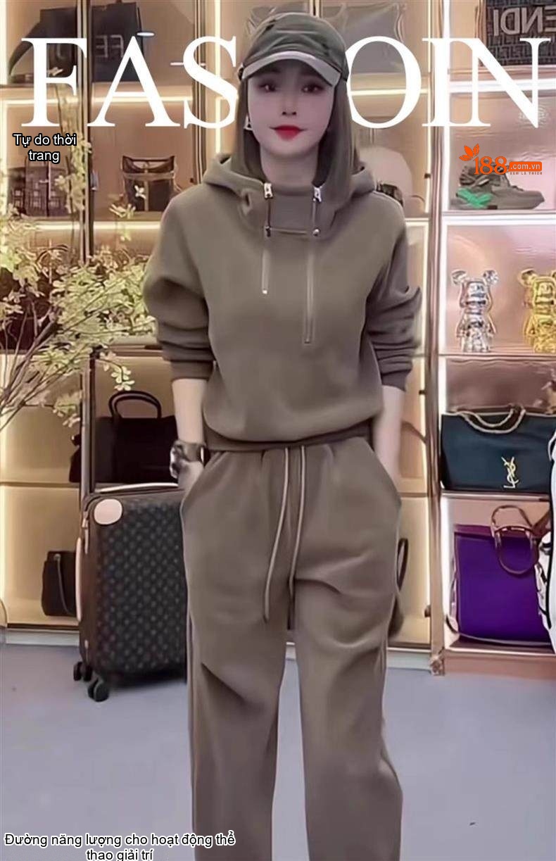 Bộ đồ thể thao nữ dáng rộng có mũ trùm đầu khóa kéo chi tiết 1