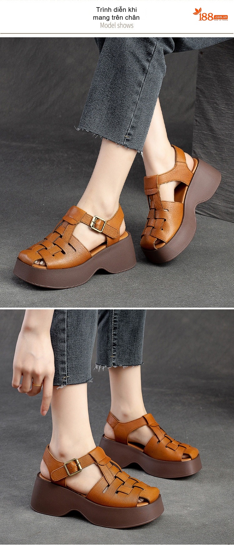 Dép Sandal Nữ Da Mờ Quai Hậu Đế Xuồng Đế Cao 5cm - 6cm Màu Nâu, Kem chi tiết 8