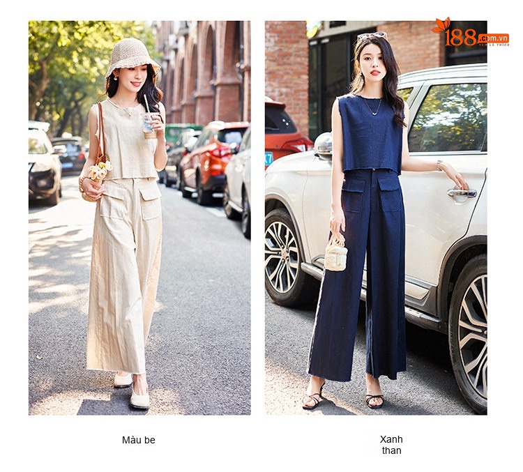 Bộ Quần Áo Nữ Cotton Linen Ống Rộng Áo Không Tay Phong Cách Thanh Lịch Màu Be, Xanh Navy chi tiết 12